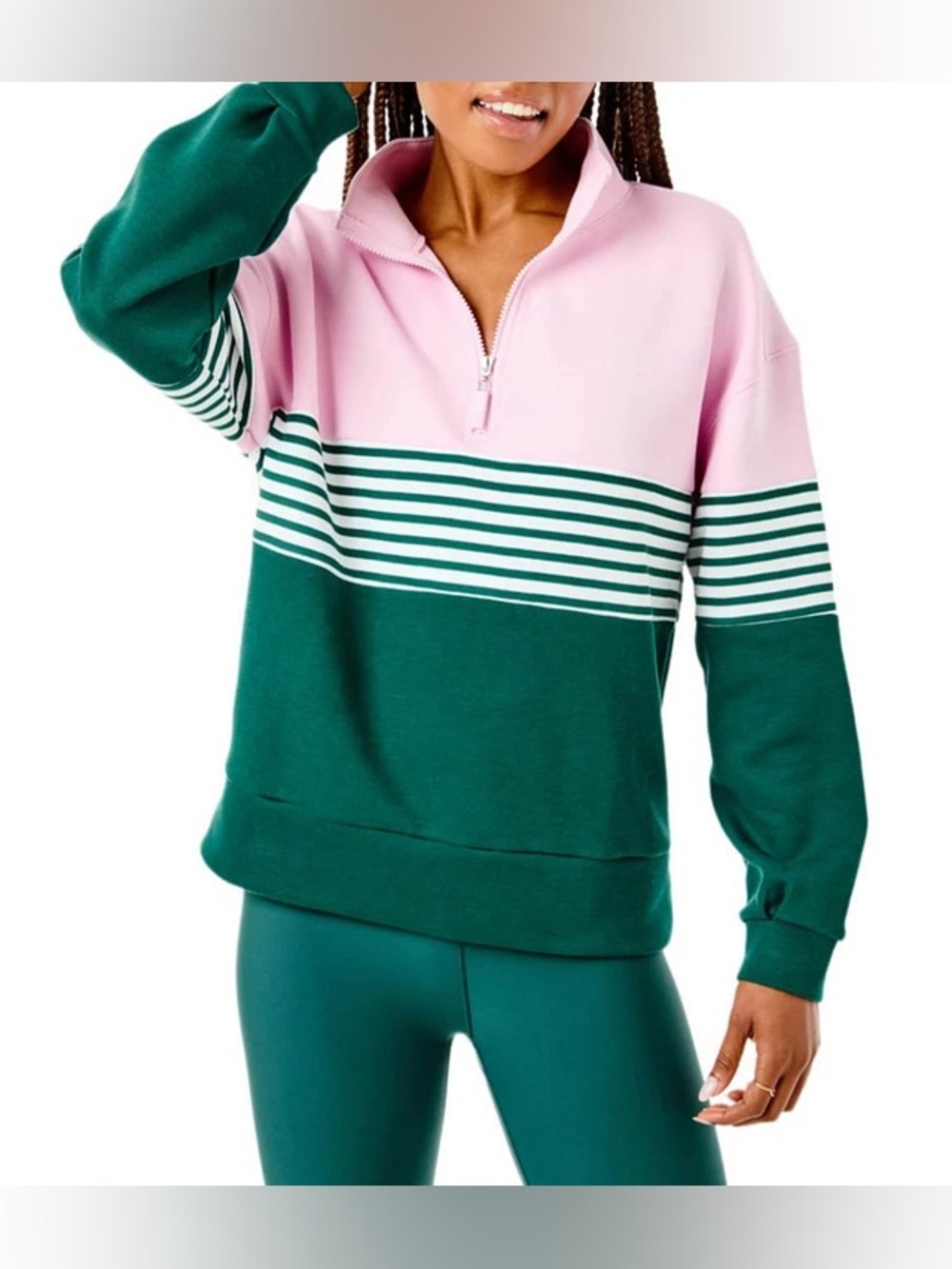 Addison Bay Soft Luxe Varsity Quarter Zip in Ivy Green & Bubblegum Pink, Size XL
